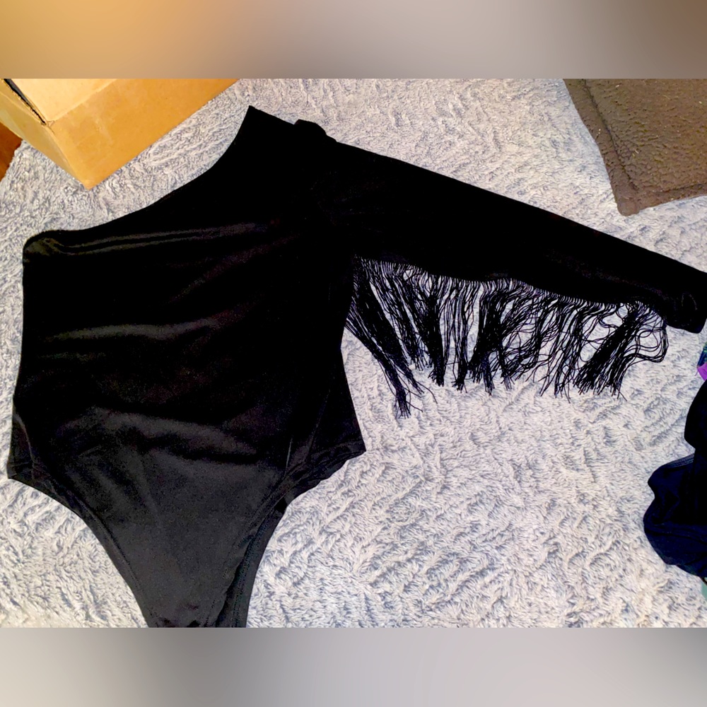 Black One Shoulder Fringe Sleeve Bodysuit